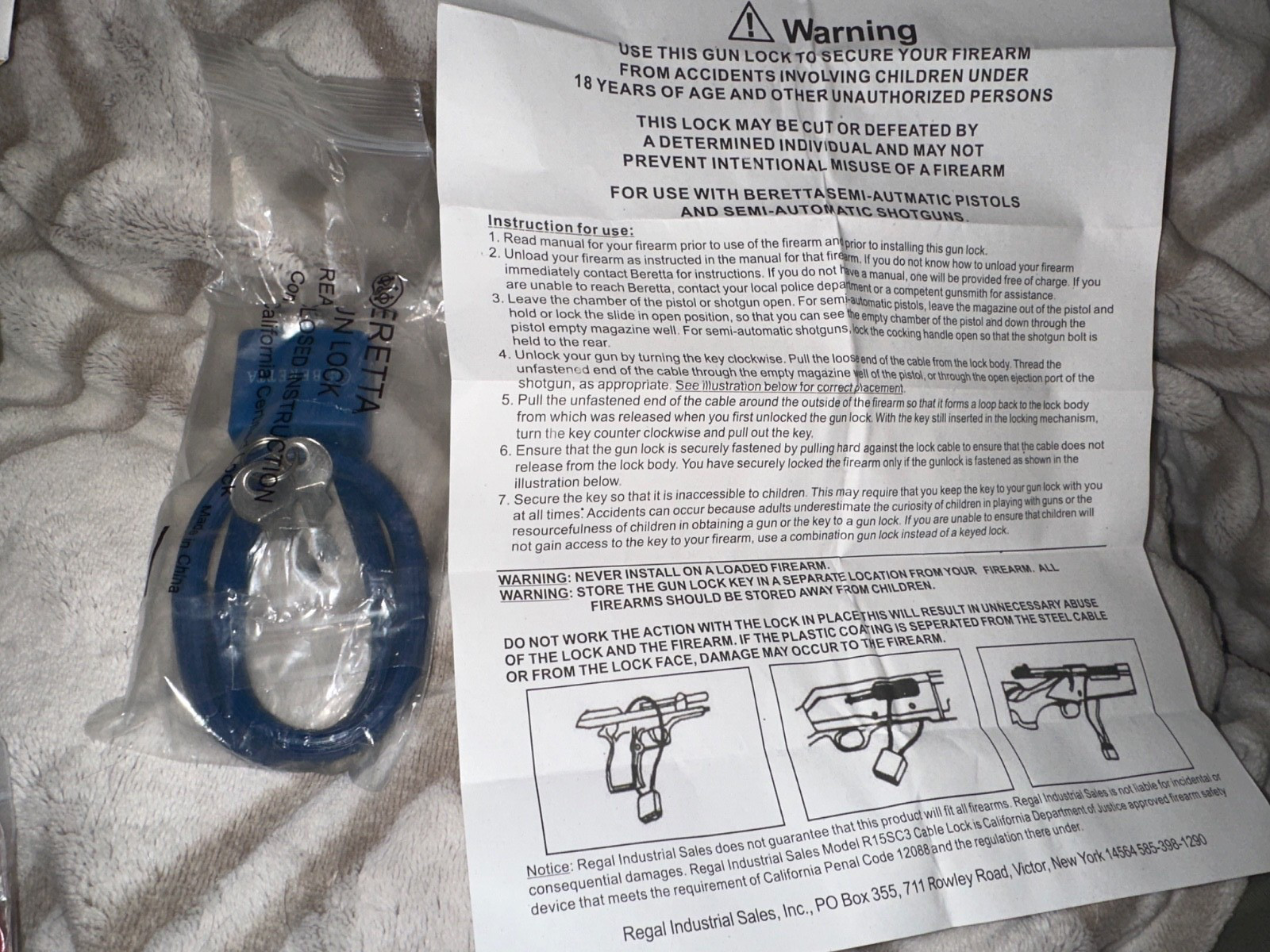 Beretta Firearm Gun Handgun Safety Cable Lock Brand New 15" Regal R15SC3 - Blue