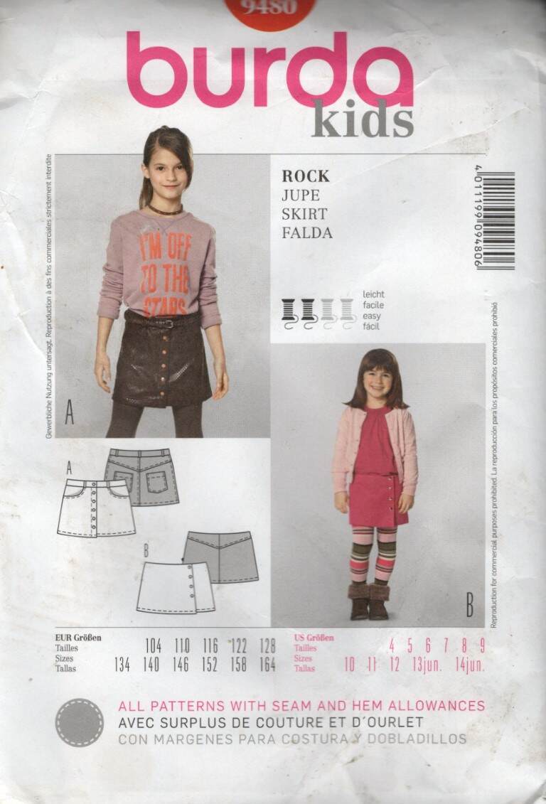 9480 BURDA KIDS SKIRTS SIZE 4-9