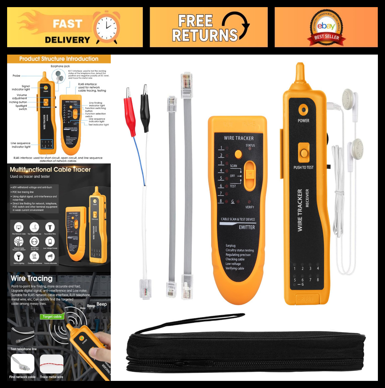 Ethernet Cable Tester RJ45 RJ11 - Network Wire Toner Tracker CAT5 CAT6 Tool
