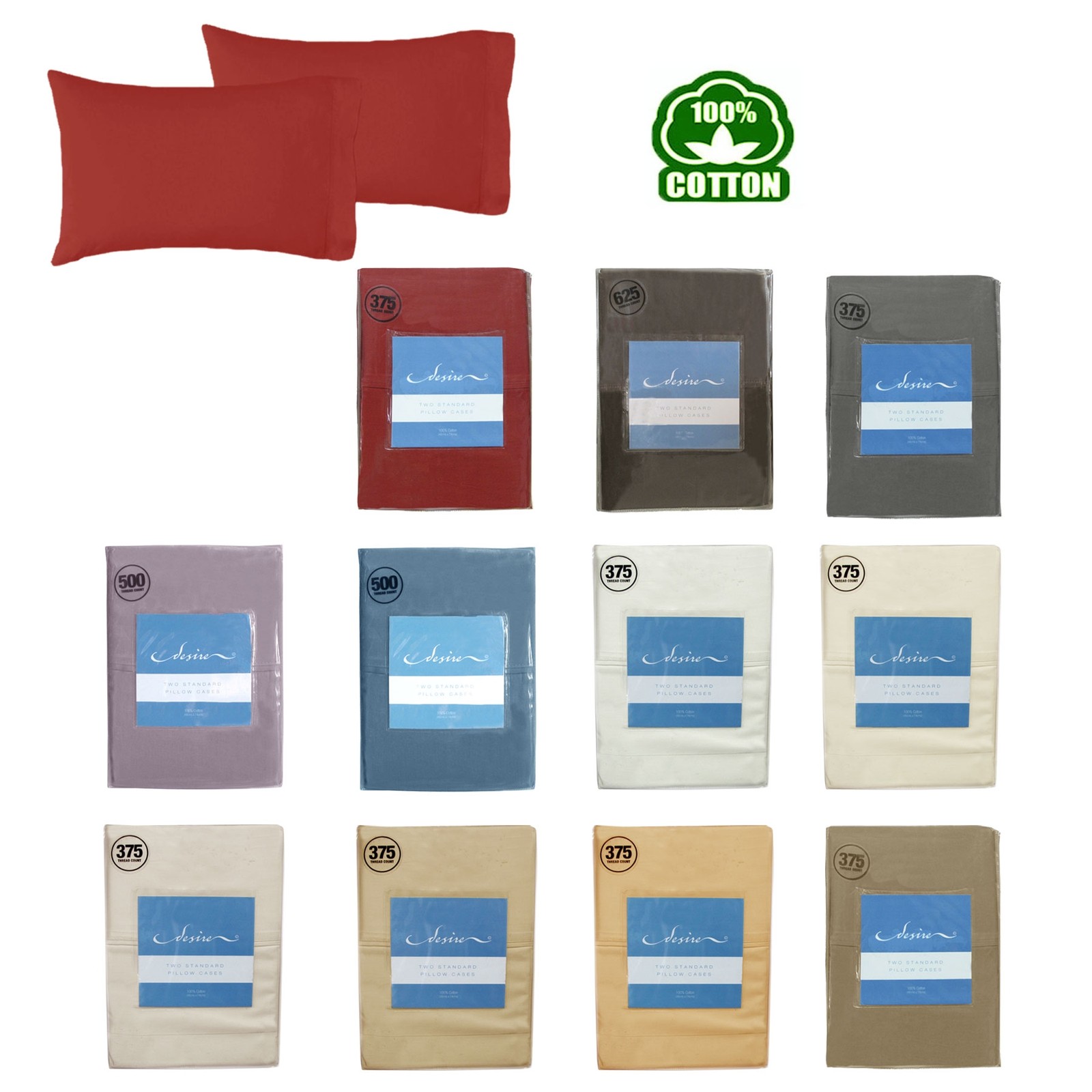 Pair of High Thread Count 100% Cotton Premium Quality Standard Pillowcases