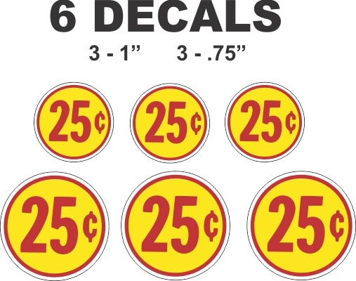 6 Round Yellow Vending 25 Cent Gumball Machine Vinyl Decals