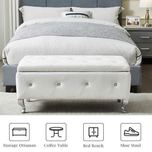 Stylish Gray PU leather Storage Bench,Bed End Stool w/Safety Hinge for Bedroom
