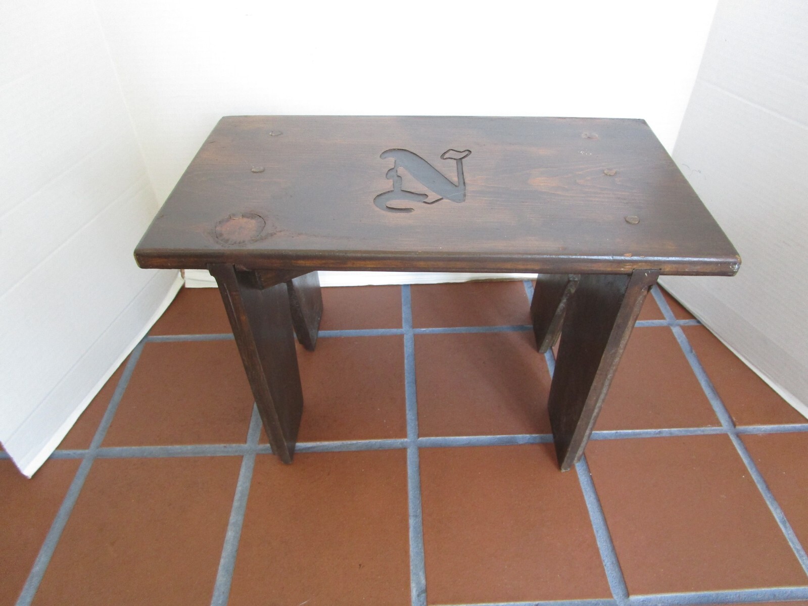 Vintage Handcrafted Carved Wood Foot Stool Monogrammed “N” farmhouse Cabin 16" W