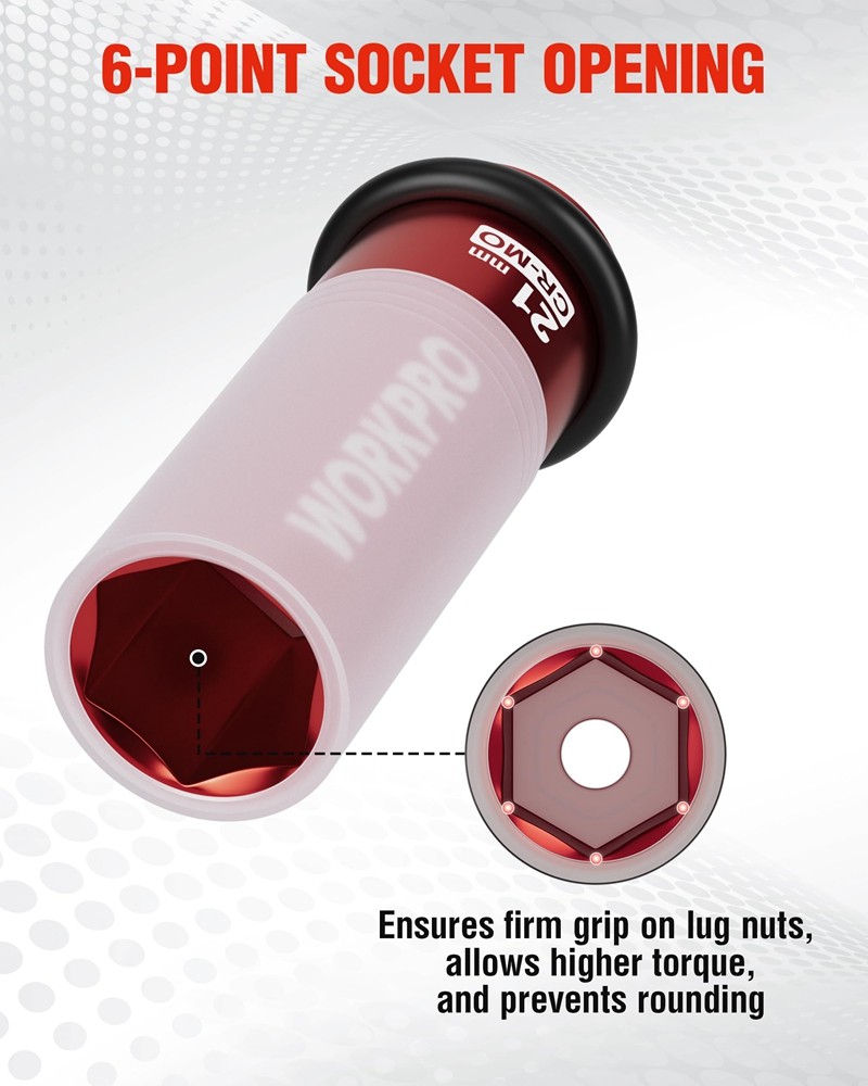 WORKPRO 1/2" Drive 21mm Deep Thin Wall Socket 6-Point Impact Lug Nut Socket US