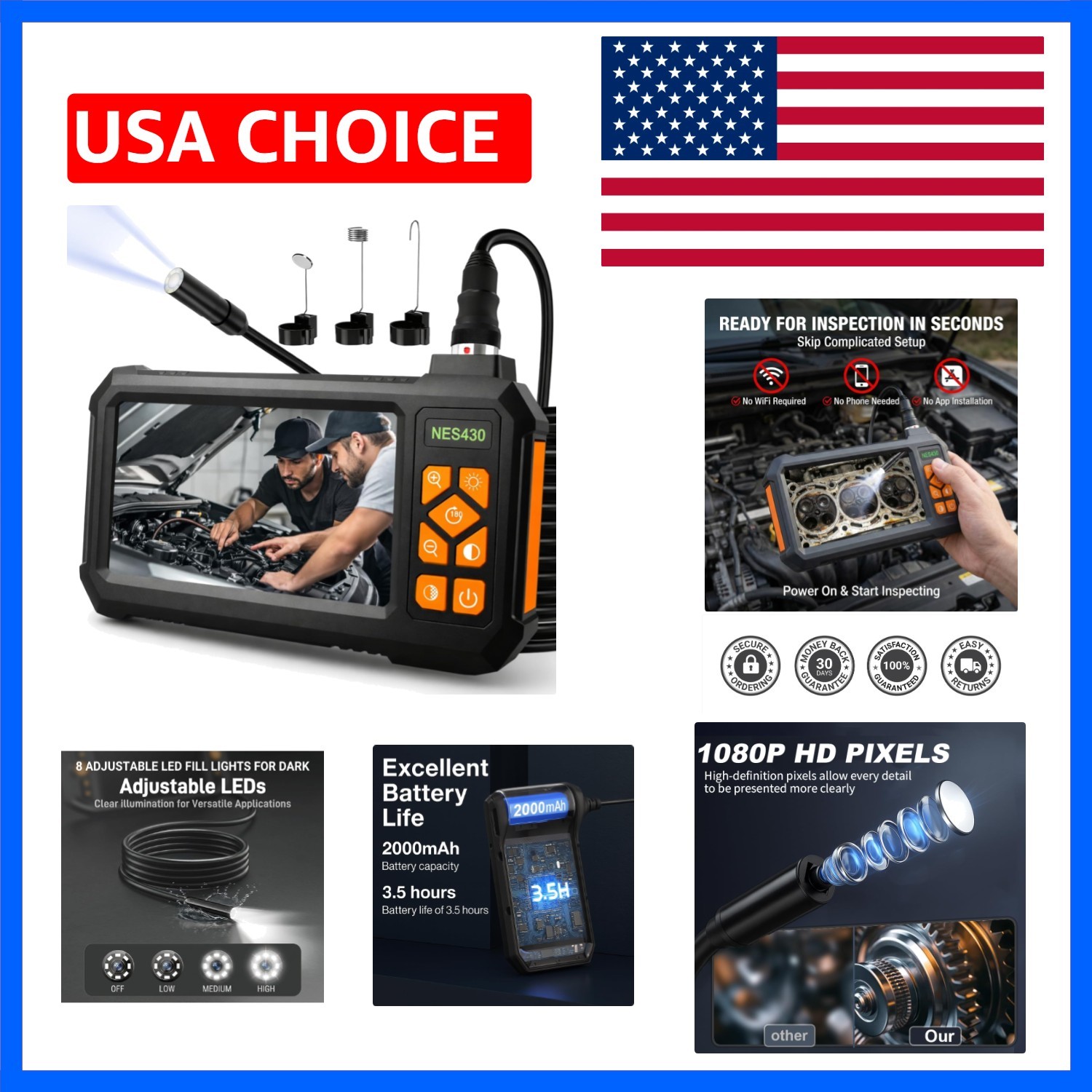 Endoscope Borescope Camera with Light, 4.3" IPS HD Garage Inspection Camera T...