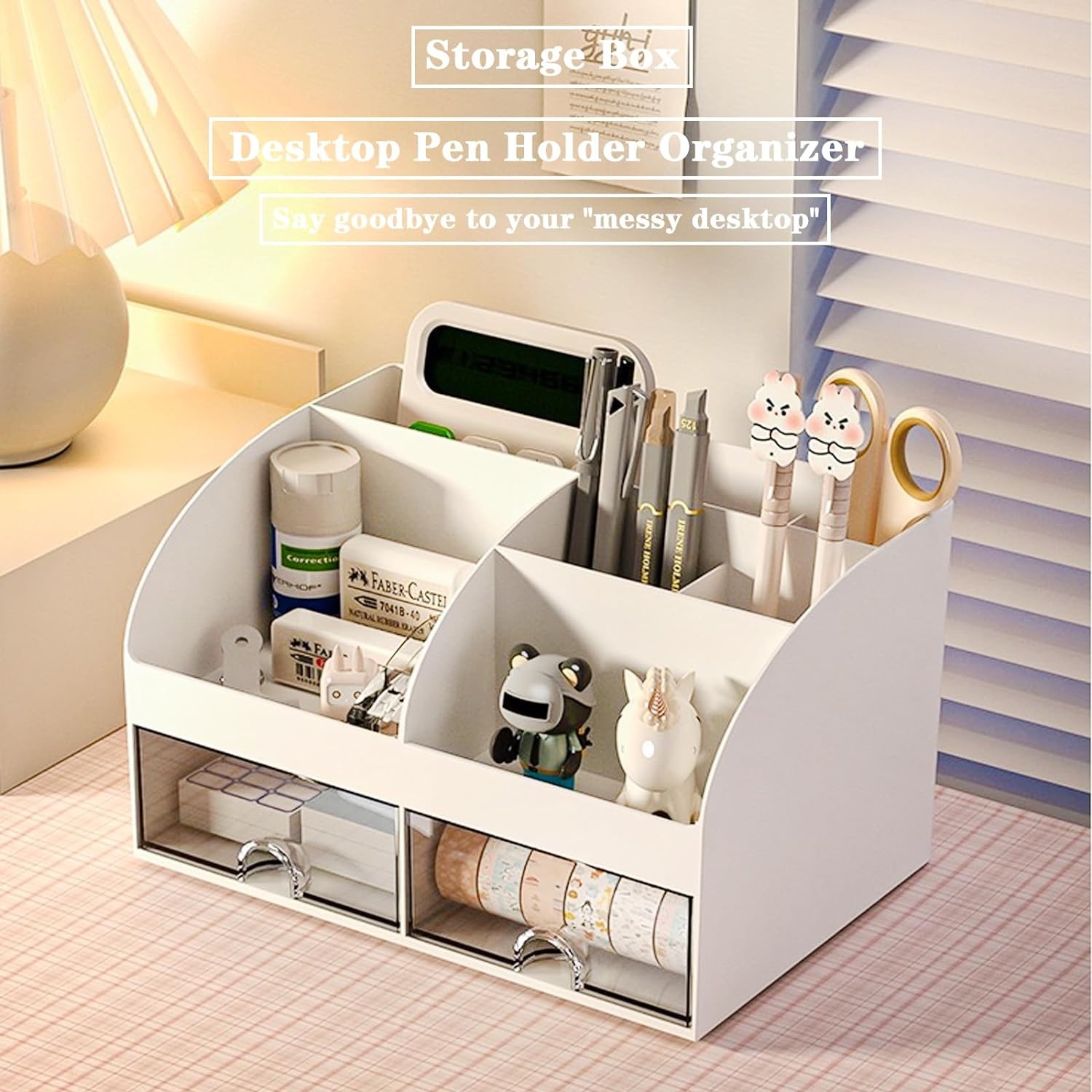 Desk Organizer with 6 Compartments and 2 Drawers, Plastic Makeup Organizer, Pen
