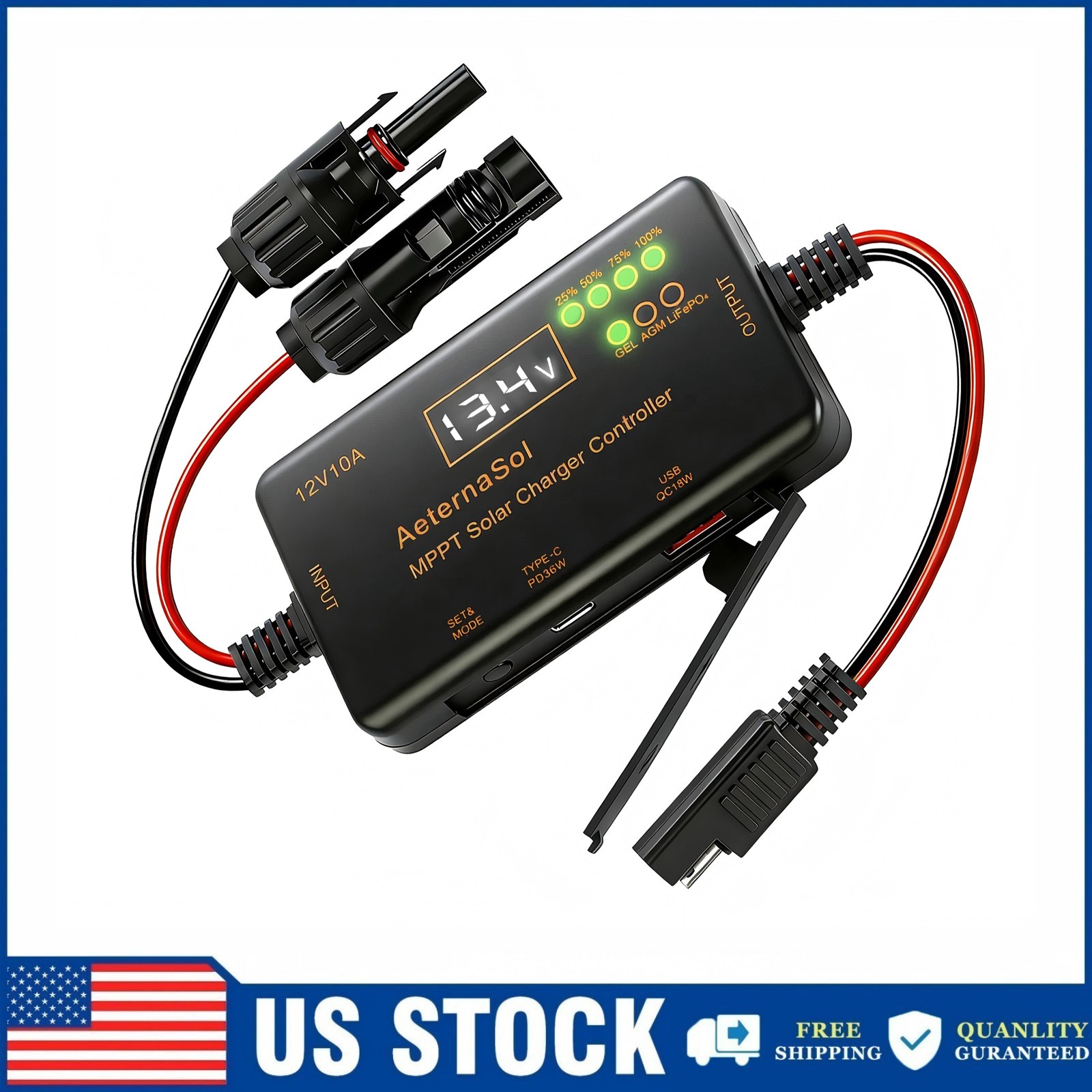 10A MPPT Solar Charge Controller 12V LCD Intelligent Regulator with Type-C&USB