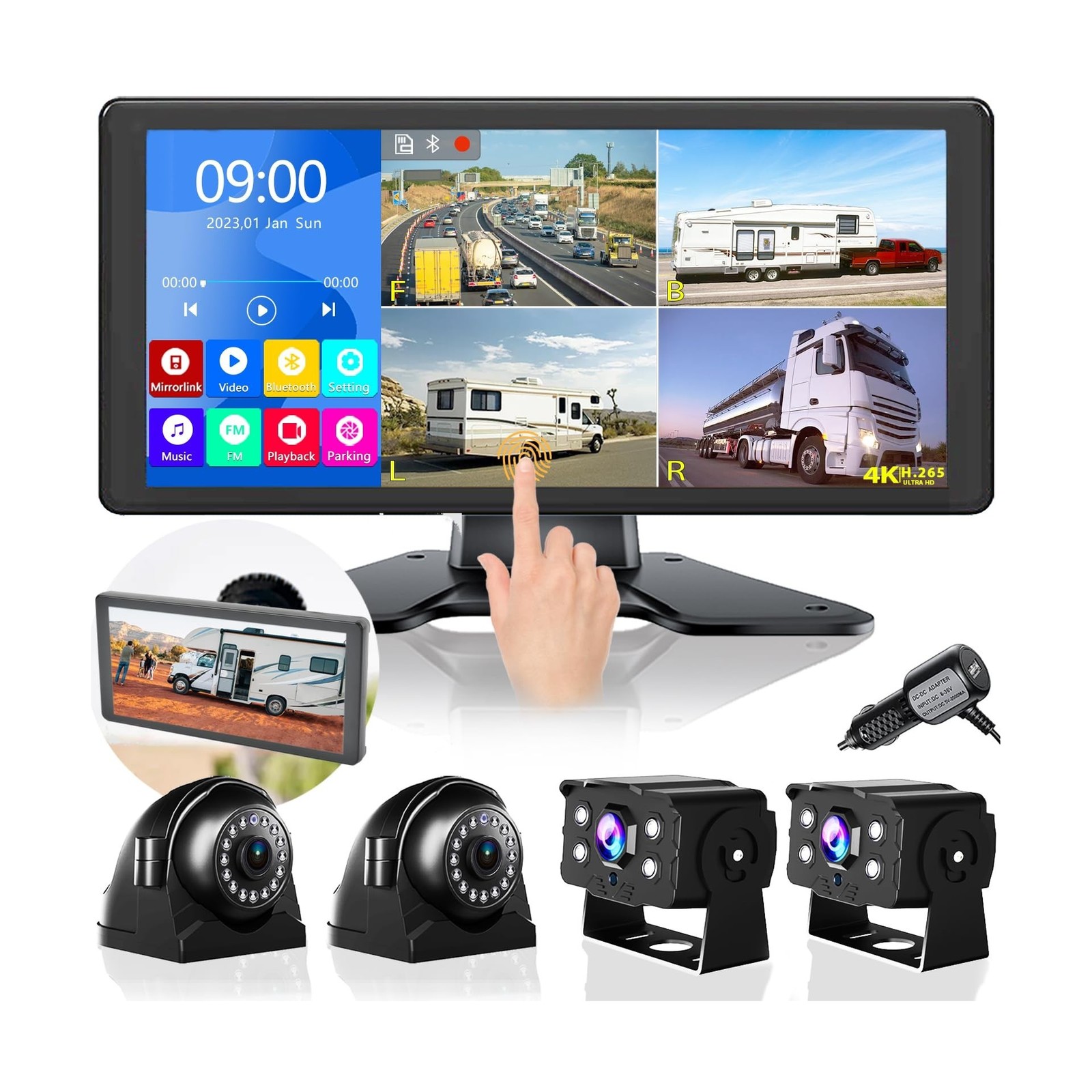 4K RV Backup Camera System 10.36" Quad Split Touch Screen Monitor with 4 1080...