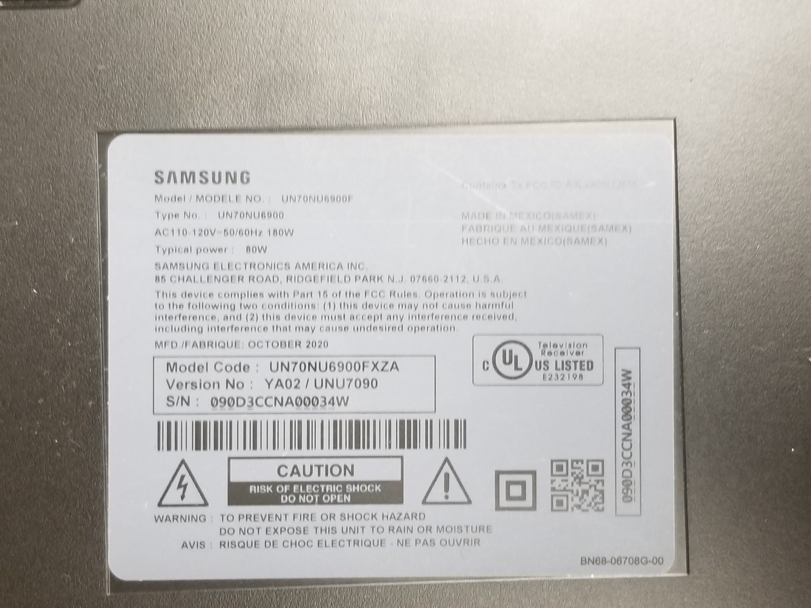 SAMSUNG UN70NU6900F MAIN BOARD VERSION # YA02 BN94-14106C BN97-15621E