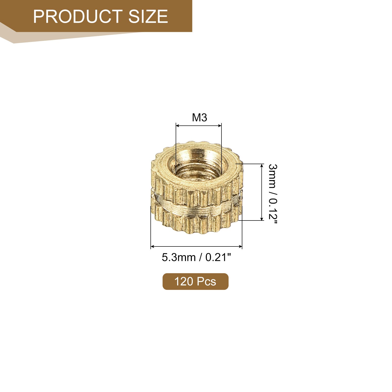 120Pcs M3x3x5.3mm Knurled Insert Nut, Brass I-Shaped Double-Pass Embedment Nuts