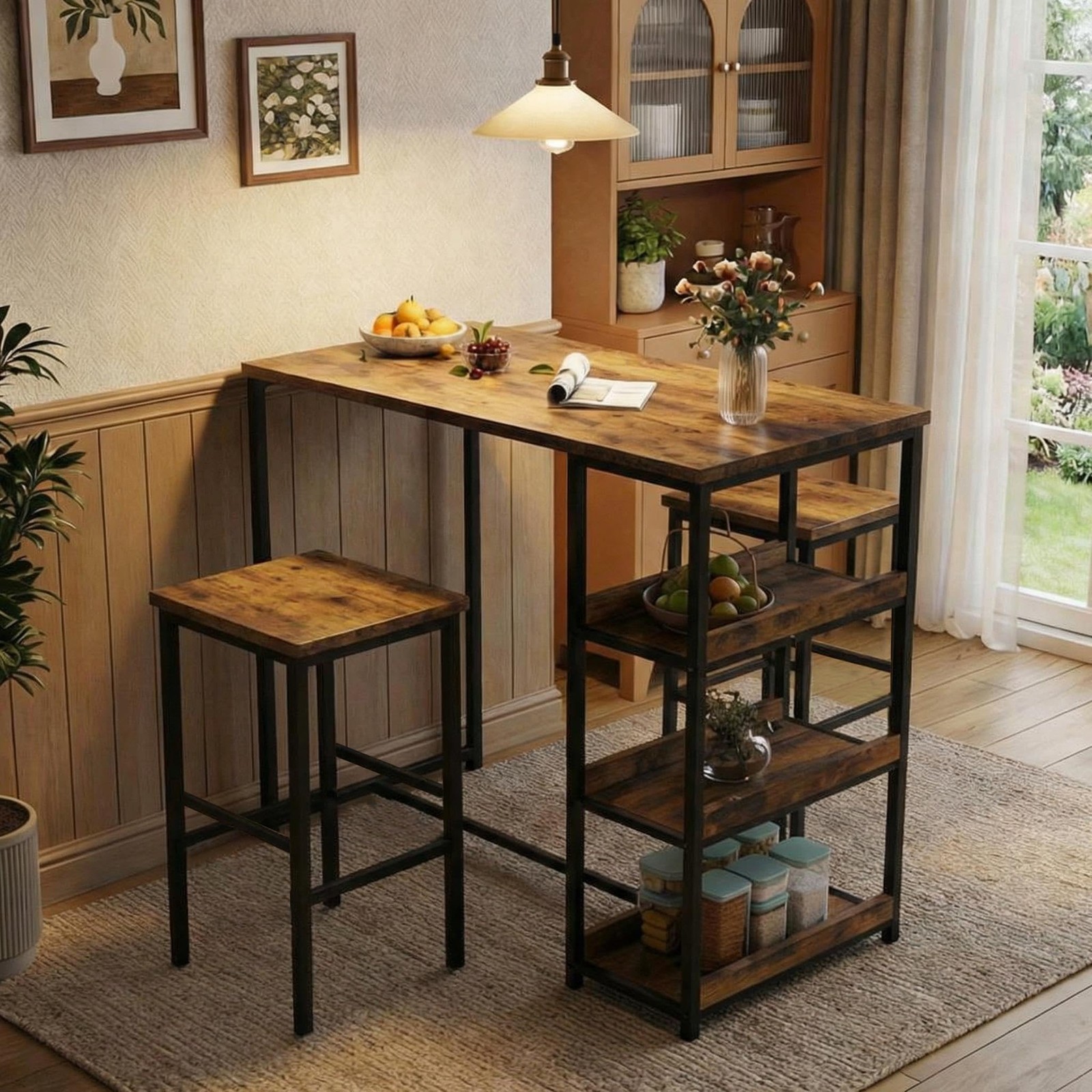 3-Piece Kitchen Table Set with Storage Shelves & 2 Bar Stools - Iron and Wood...