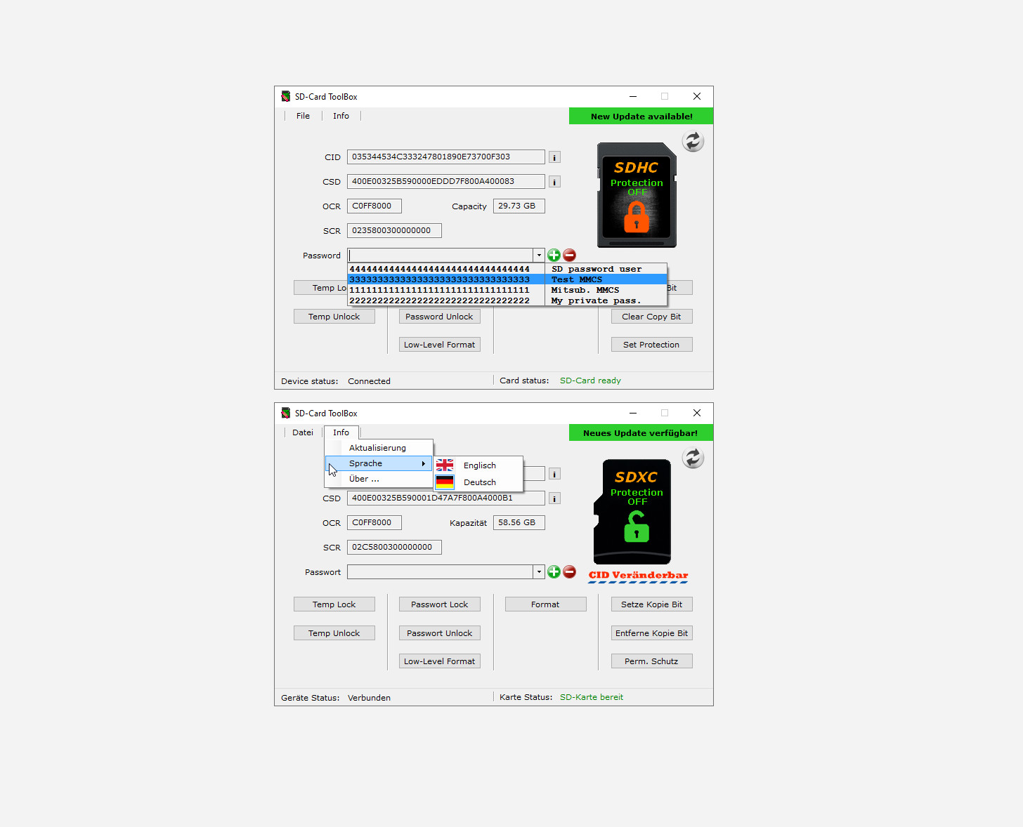 SD Card ToolBox Lite - Read CID/CSD/OCR, Set/Remove Password, Write protection