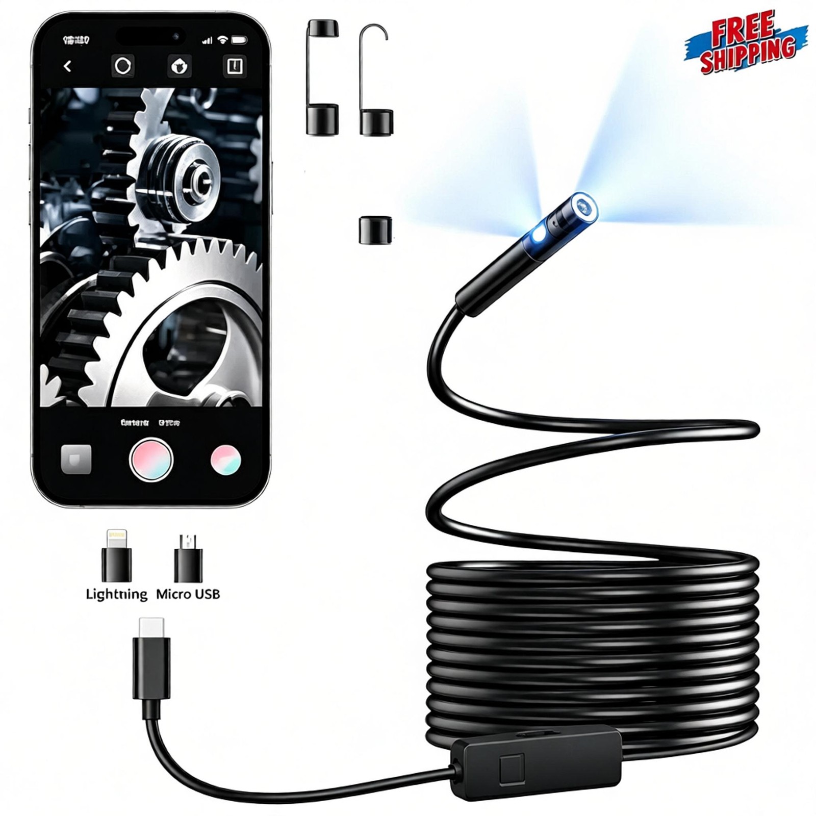 Endoscope Inspection Camera LED Light Flexible Snake Camera For iPhone Android