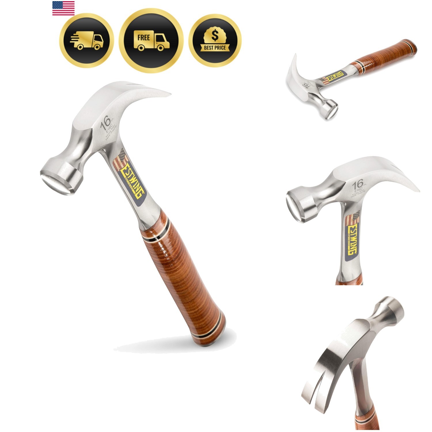 Hammer - 16 oz  Made Curved Claw Hammer with Smooth Face & Genuine Leather Gr...