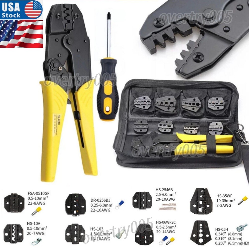Ratcheting Crimping Tool Kit Cord End Terminals Wire Crimper Pliers w/ 8 Dies