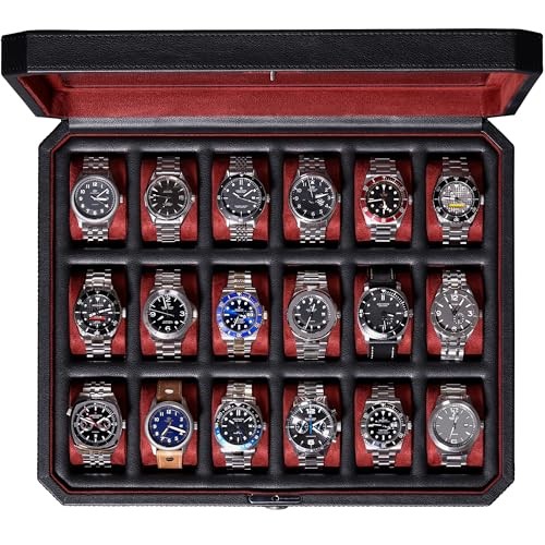 18-Slot Watch Case – Luxury Watch Box for Men, Real Glass 18 Slot -Black / Red