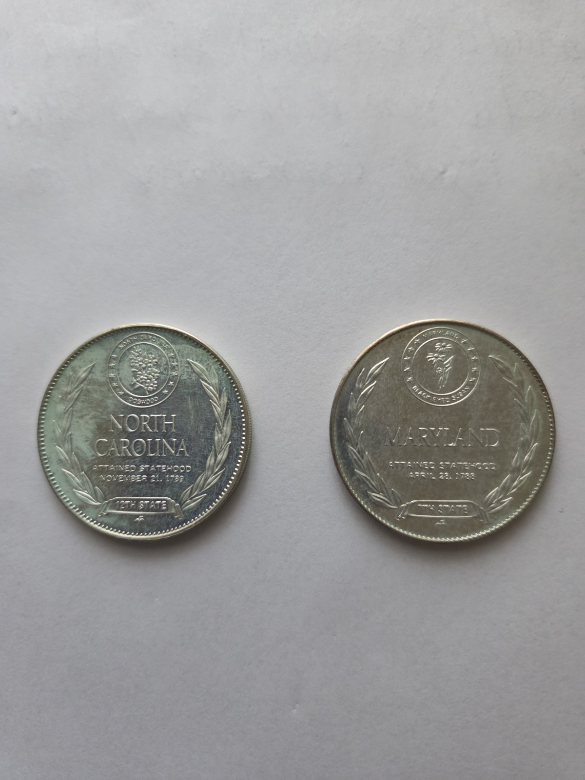 Franklin Mint N. Carolina & Maryland Silver Medals. 28 Grams .925 Silver Total.