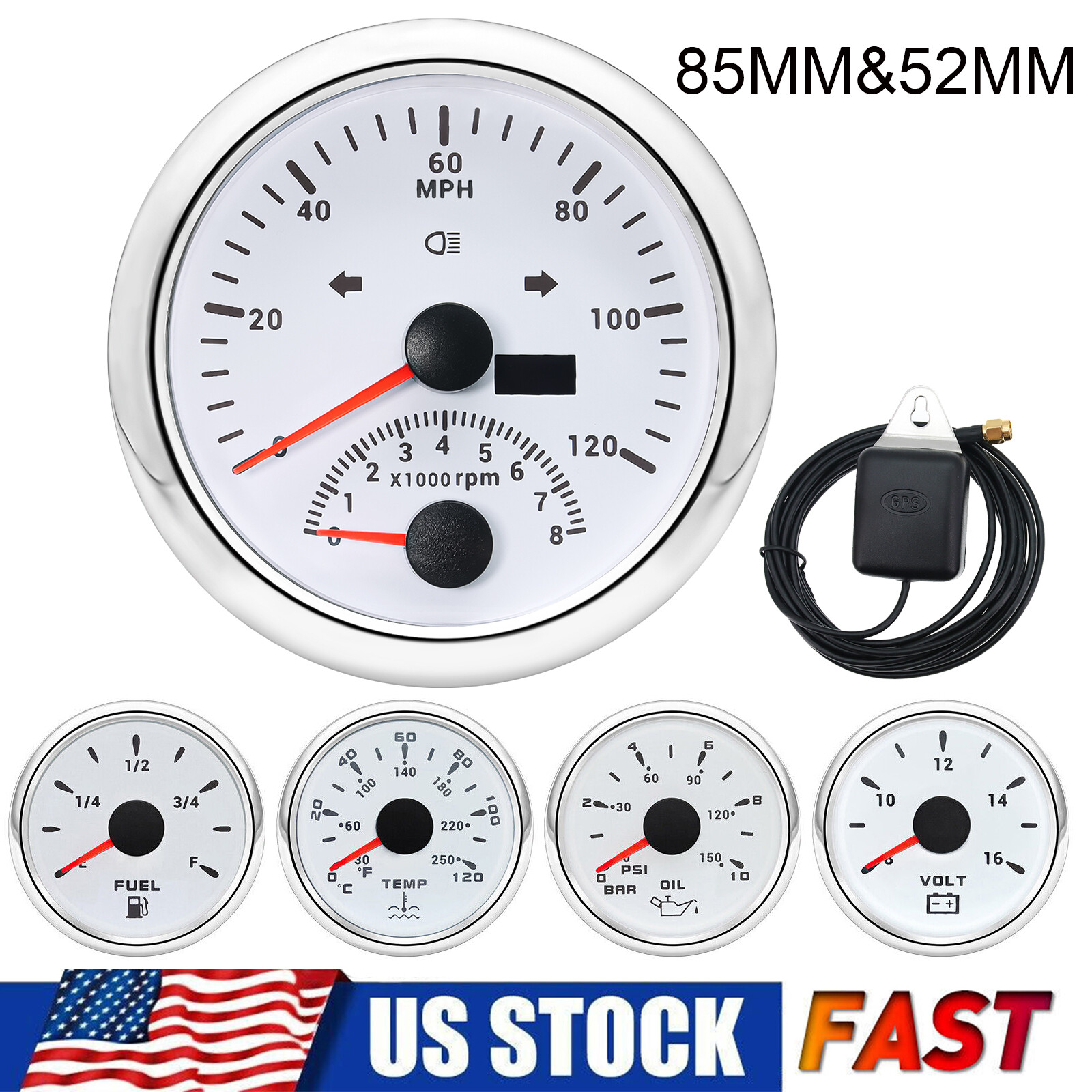 5 Gauge Set 85mm GPS Speedometer w/tacho&52mm Fuel Level Oil Pressure Temp Volt