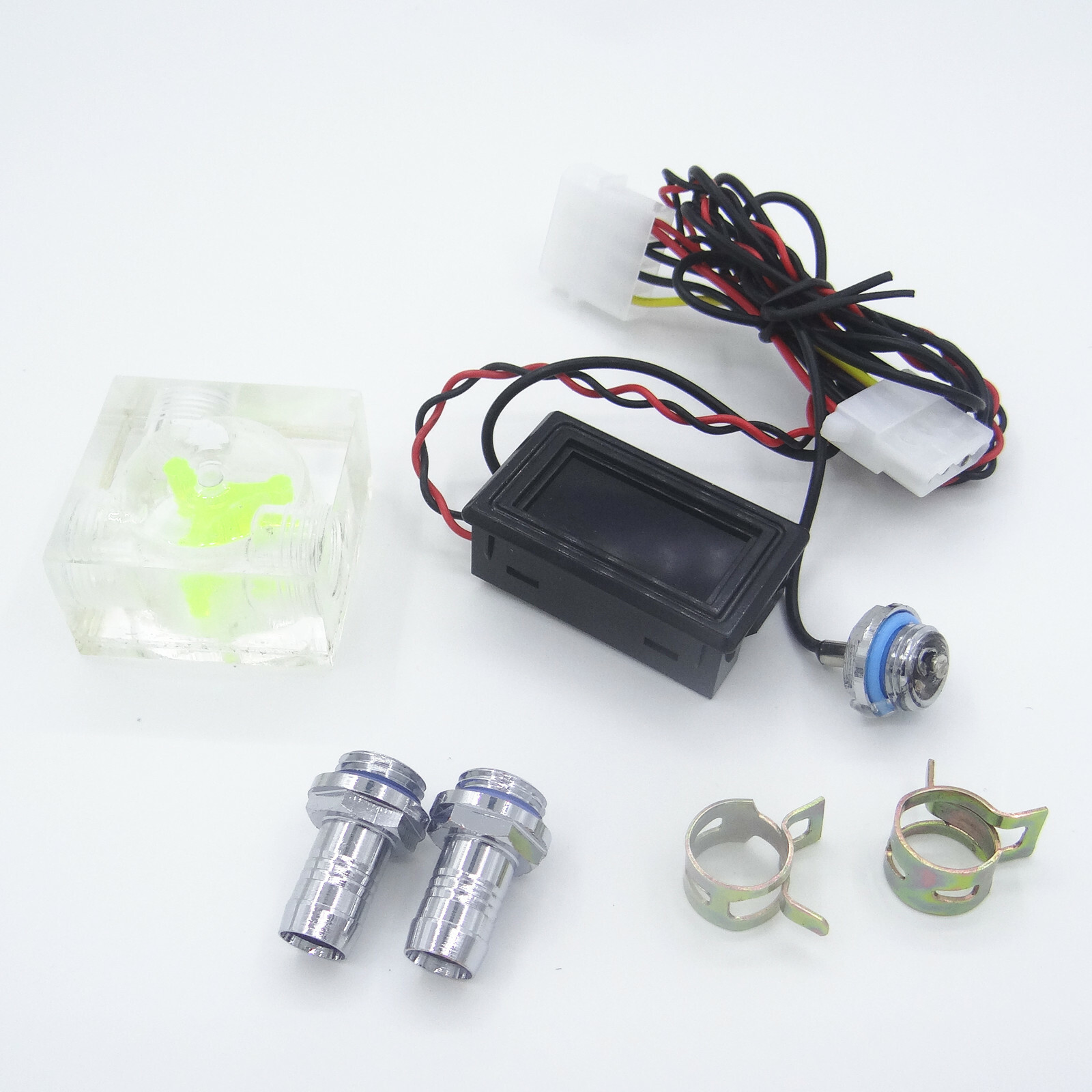 LED Thermometer 3 Way FlowMeter For Water Cooling Liquid Cooler System & 2 Barbs