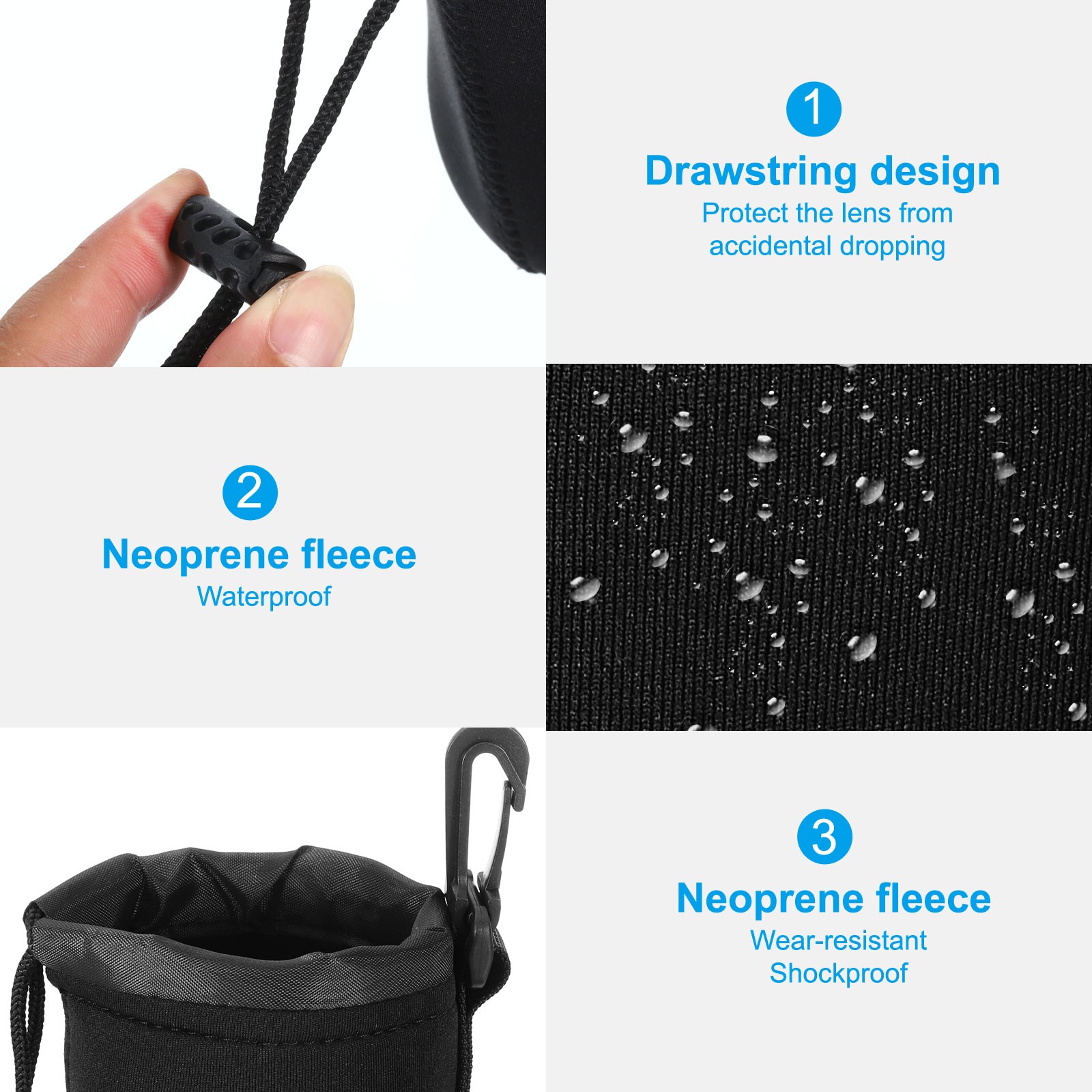 3 Pcs 3" ID x 3.9" H Drawstring Len Pouch Black