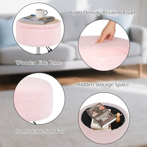 Adjustable Vanity Stool with Storage, 360° Swivel Gold Gold Base Faux Fur Pink