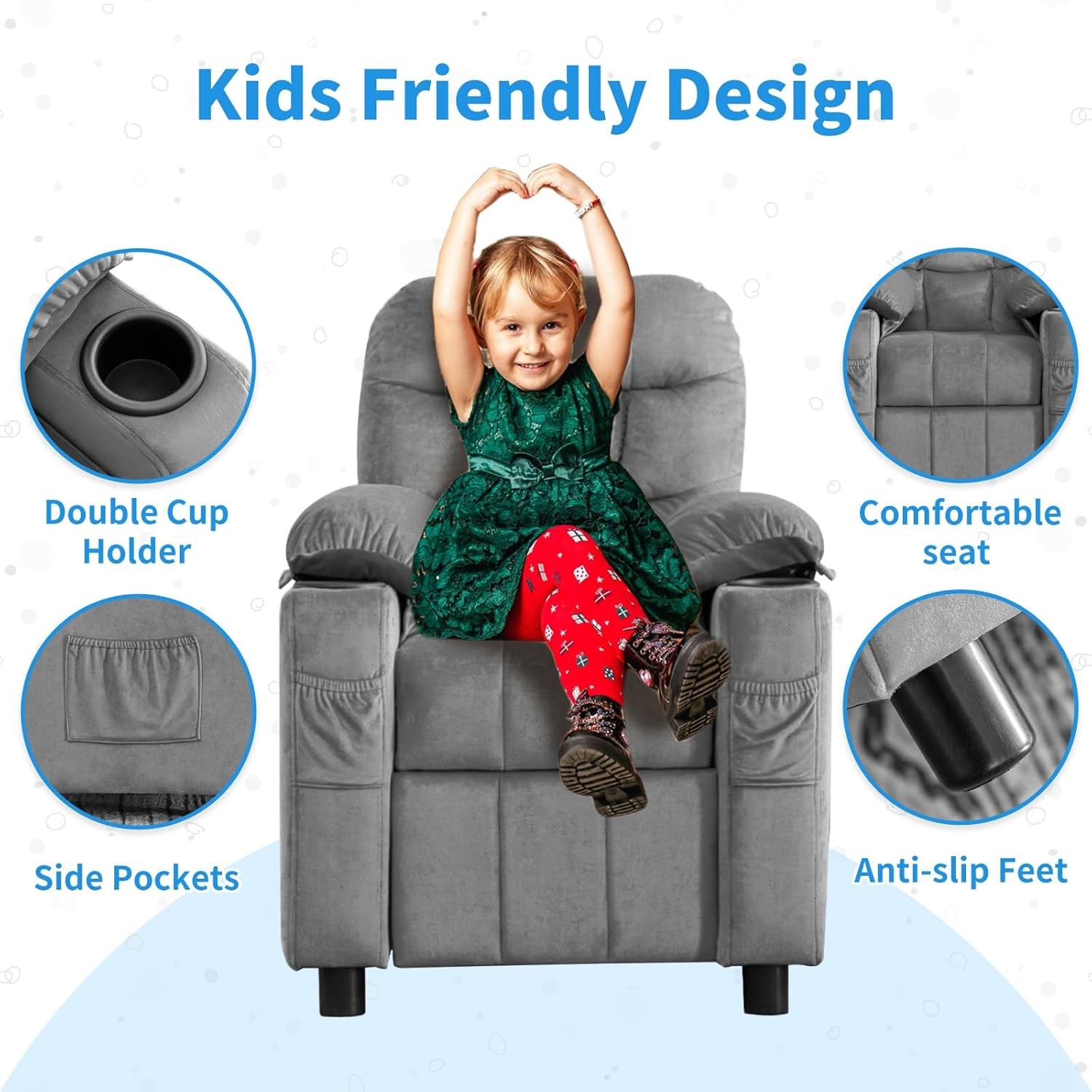 Kids Recliner Chair with Cup Holders & Side Pocket for Playroom Bedroom