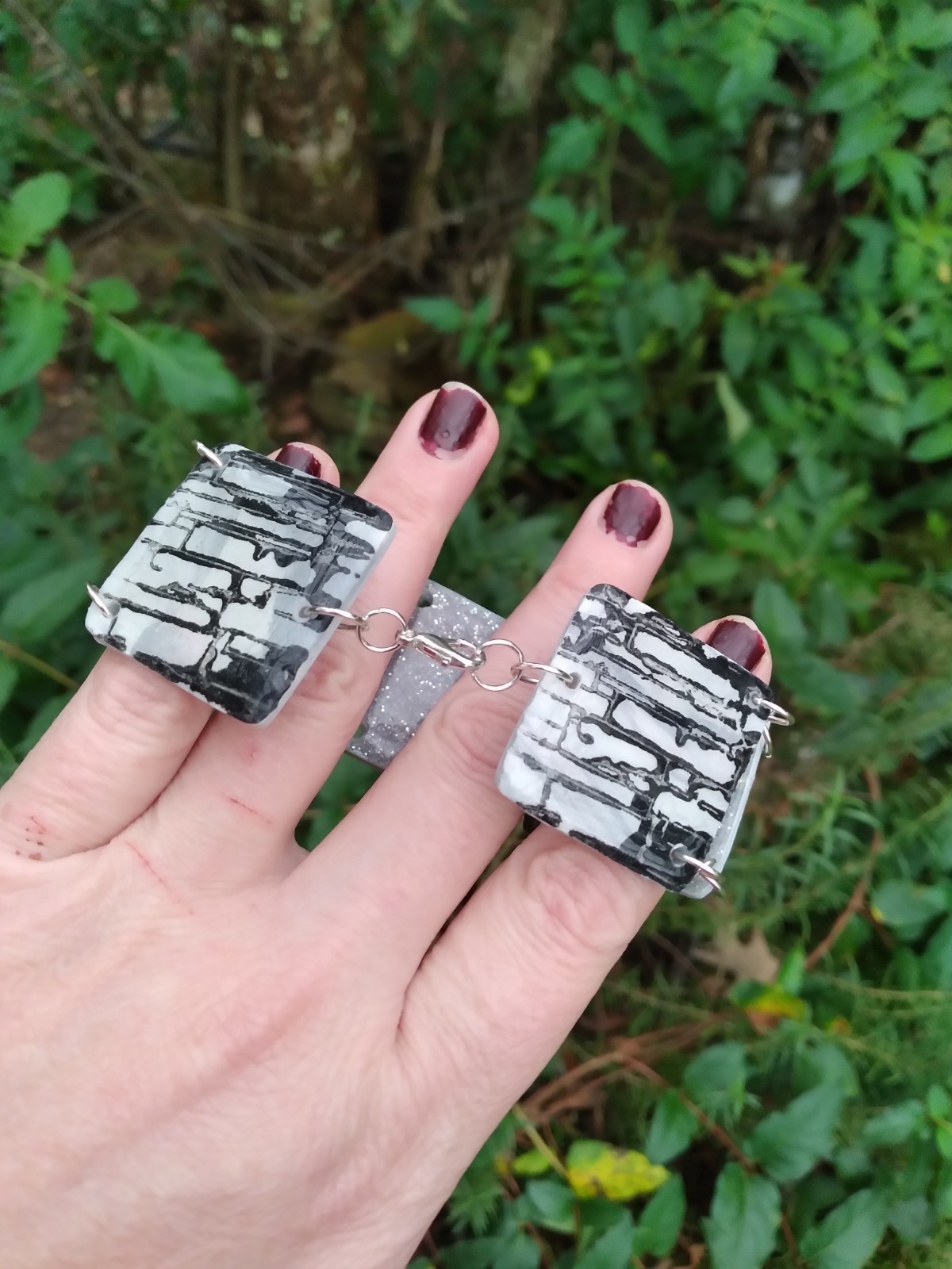 Handcrafted Reversible Polymer Clay Resin Silver Bracelet Black Gray White