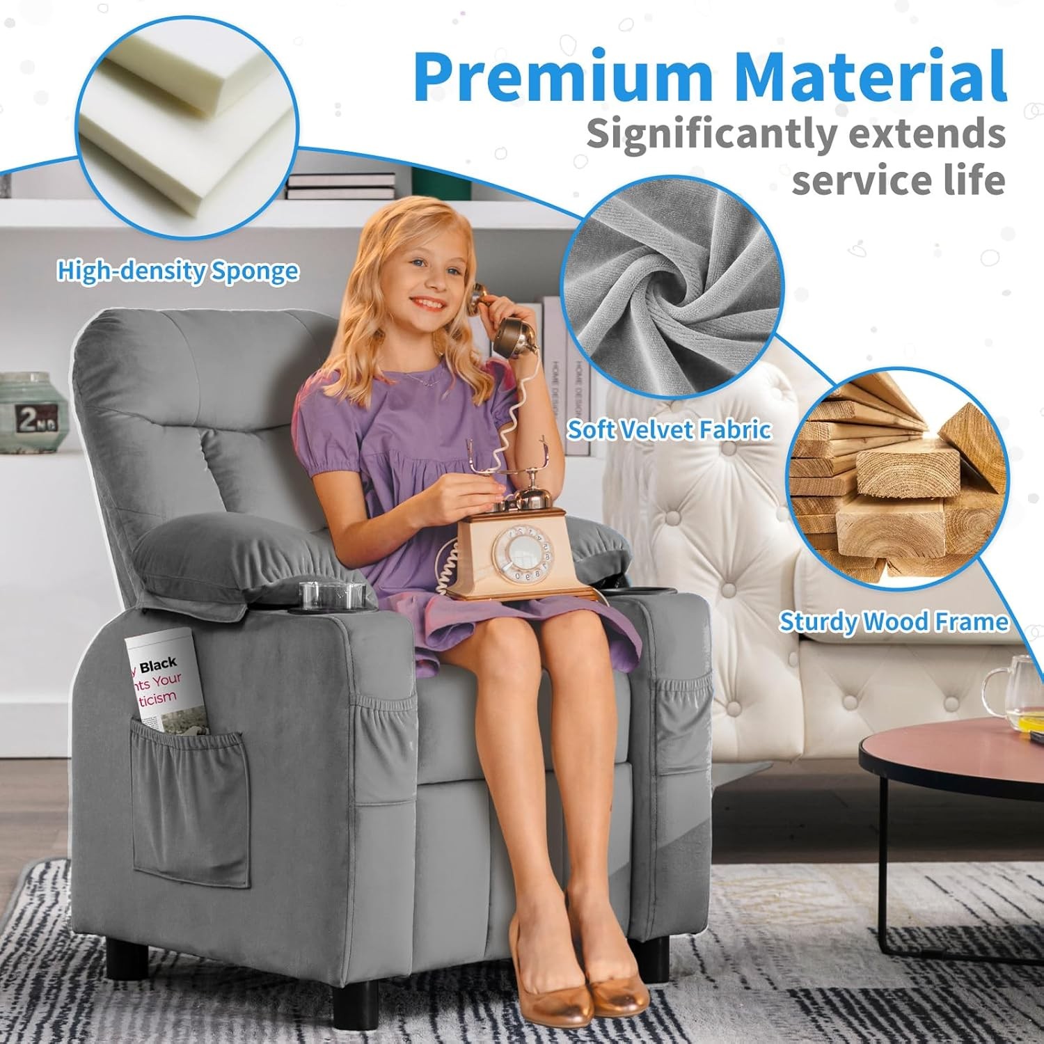 Kids Recliner Chair with Cup Holders & Side Pocket for Playroom Bedroom
