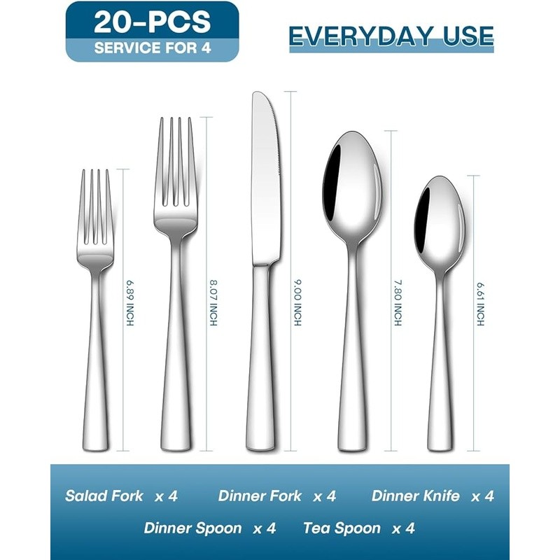Stainless Steel Silverware Set 20 Pieces Ergonomic Modern Flatware Home Dining