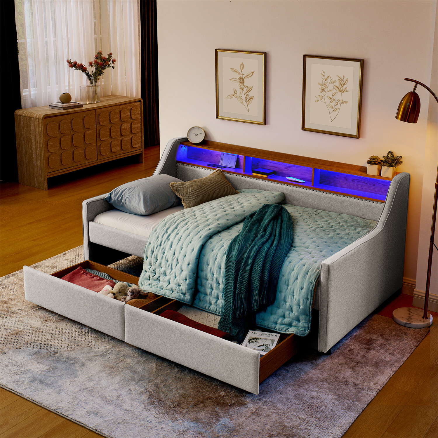 Twin Size Daybed Upholstered Bed Frame Sofa Bed w/ LED Lights & 2 Drawers