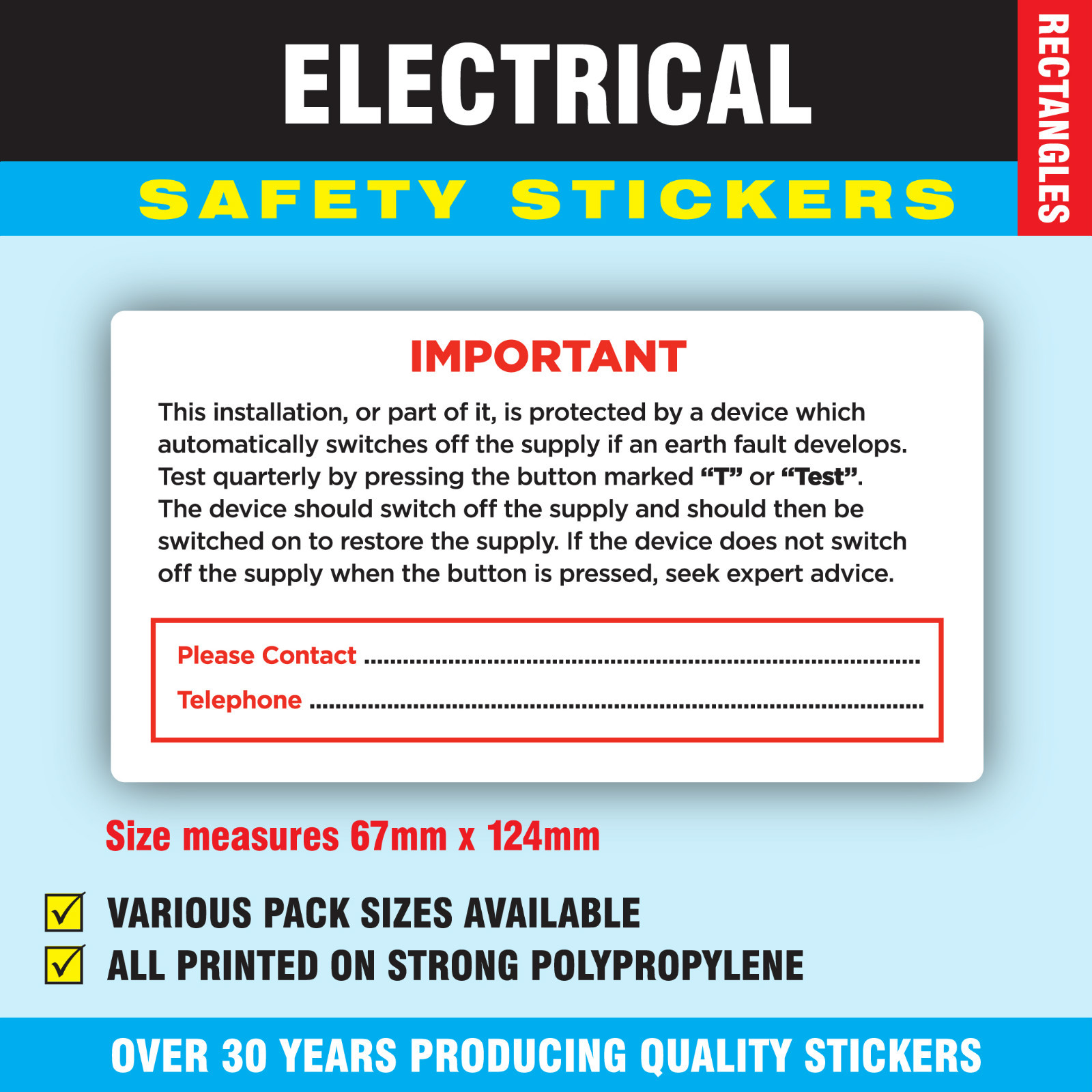 Pack of 50 - Test BS 7671 Strong Electrical Safety Stickers Labels 67 x 124mm