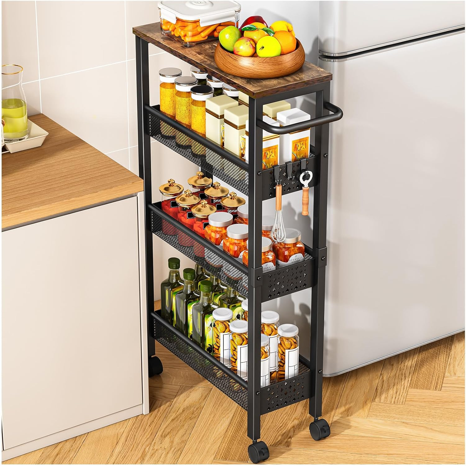 Utility Slim Storage Cart with Wheels, 4 Tier Small Rolling Cart with Wood Top,
