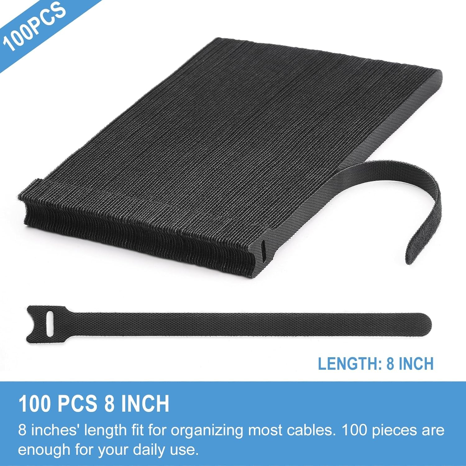 100 PCS Reusable Cable Ties, 8 Inches, Adjustable Cord Wraps, Hook & Loop