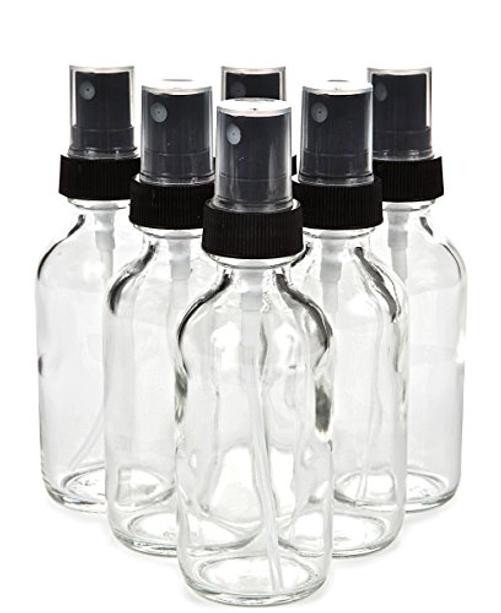 , 6, Clear, 2 oz Glass Bottles, with Black Fine Mist Sprayers