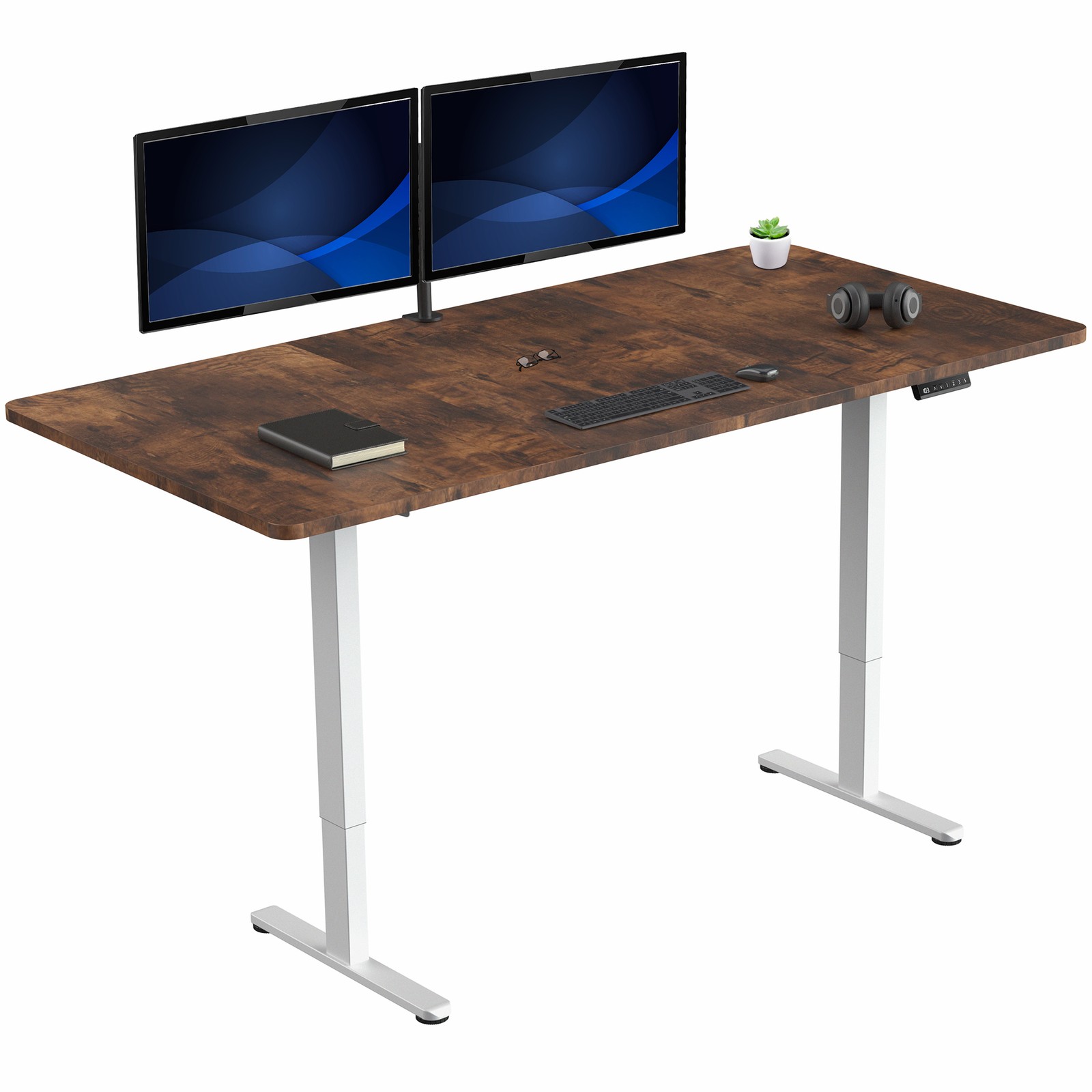 VIVO Electric Dual Motor 71” x 36” Standing Desk, Vintage Brown Top, White Frame