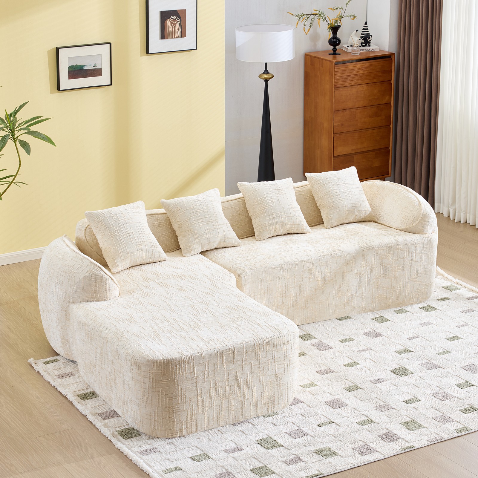 Beige chenille L-shaped compressed sofa that goes well with any living room. It