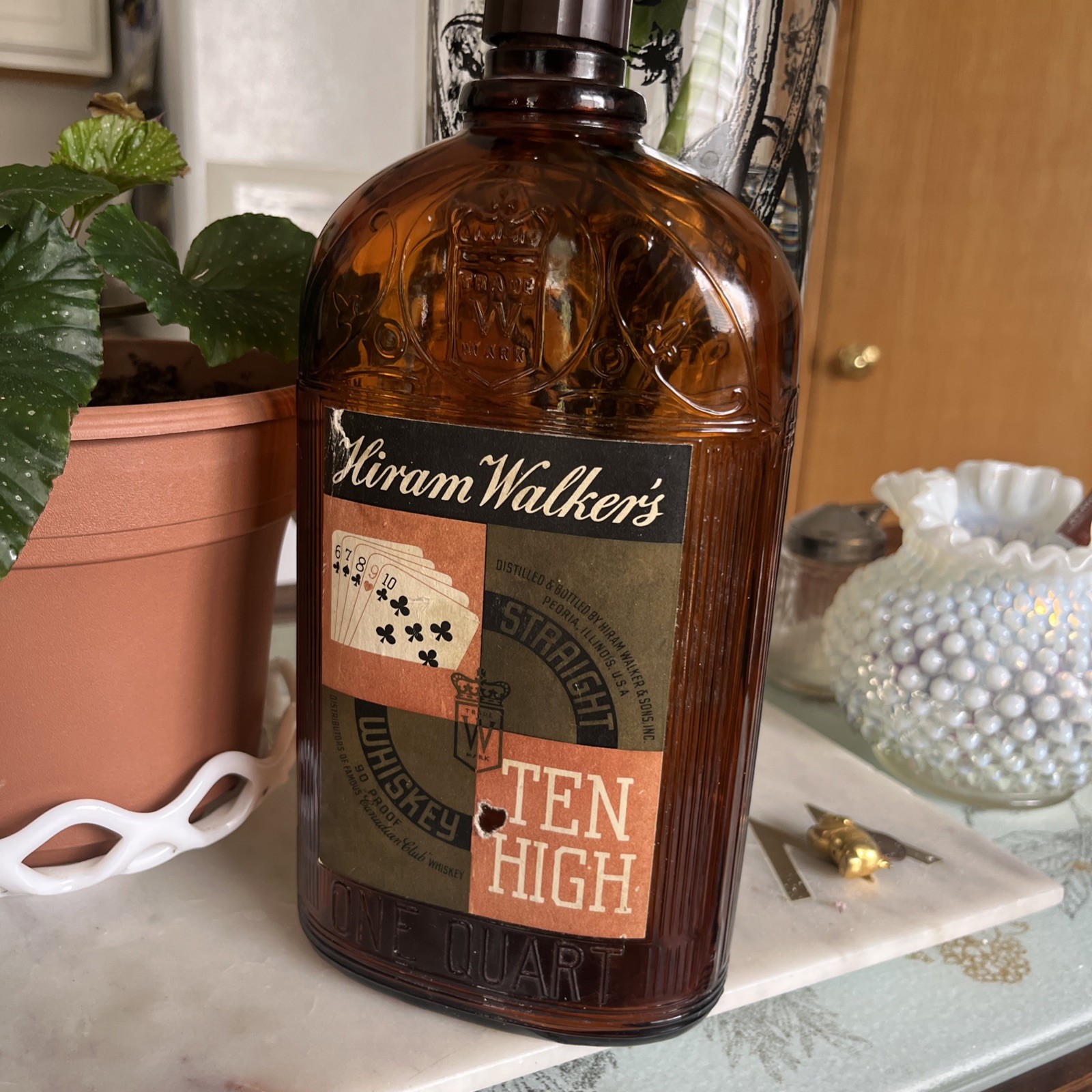 Vintage Hiram Walker & Sons Prohibition Whiskey Amber Quart Bottle W/ Label