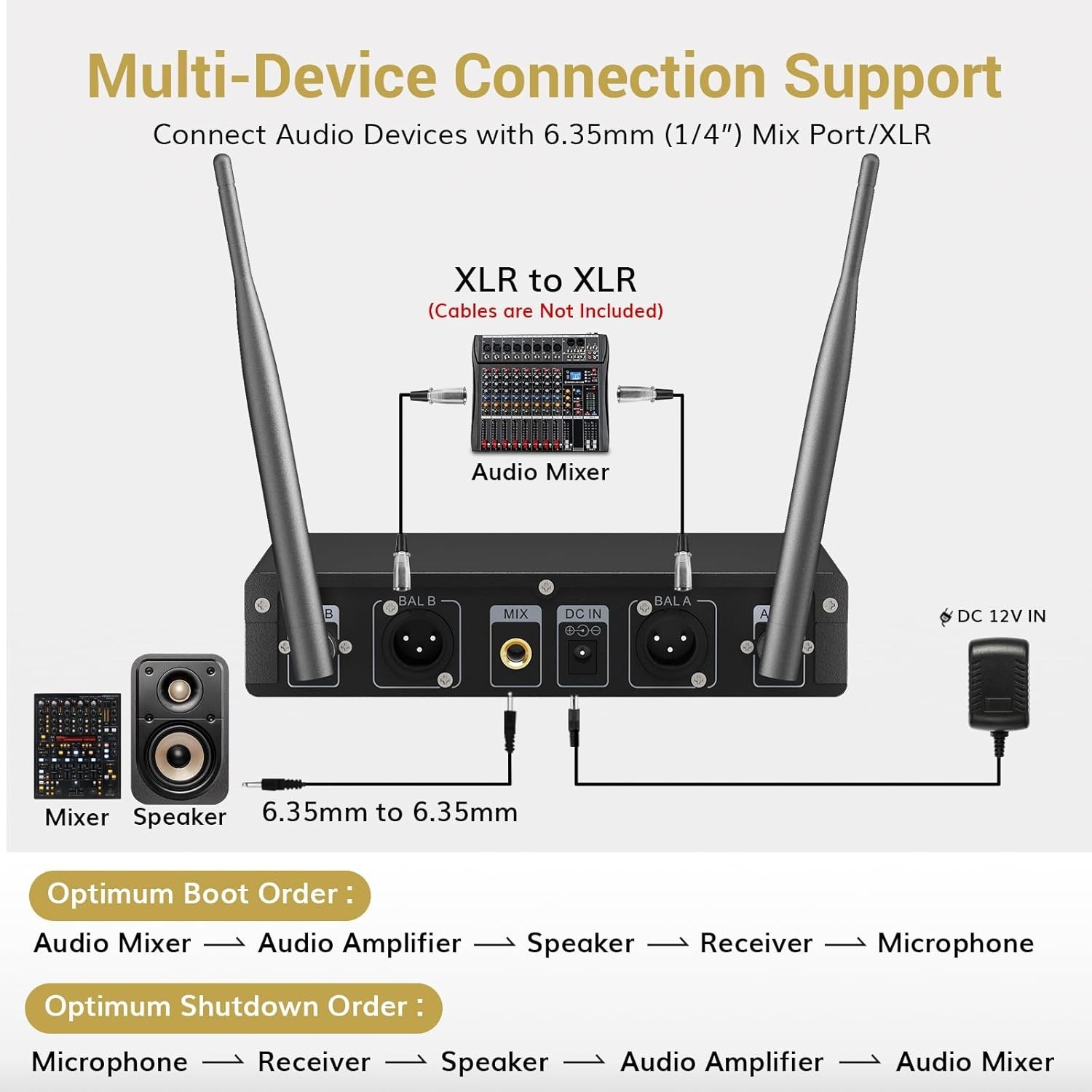 Professional UHF Wireless Microphone System - 2 Dynamic Mics, 60m Range, Silver