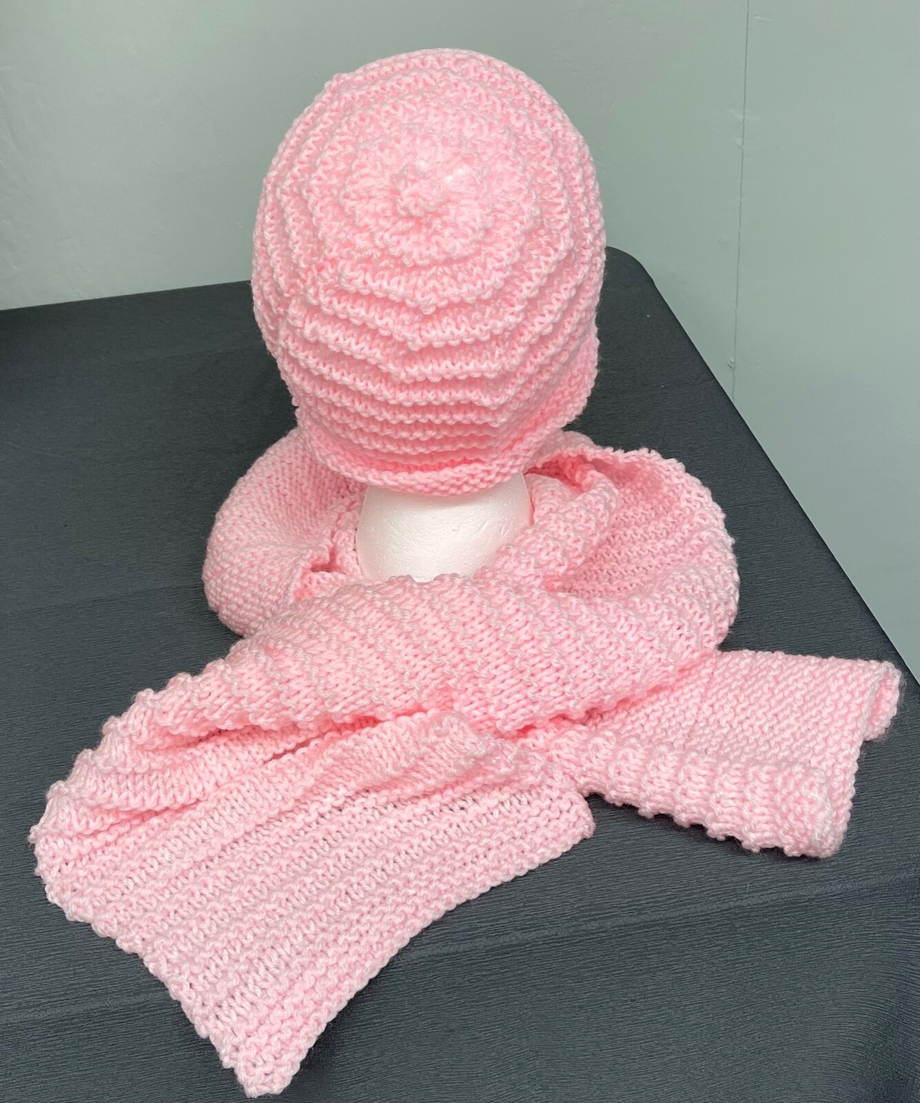 Hand made knitted beanie hat & scarf with charm one size