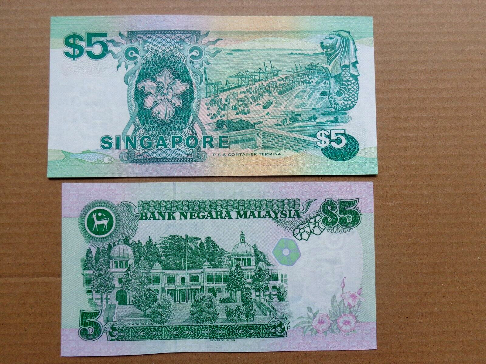 SINGAPORE & MALAYSIA Banknotes 5 dollars & 5 Ringgit combined shipping (a)