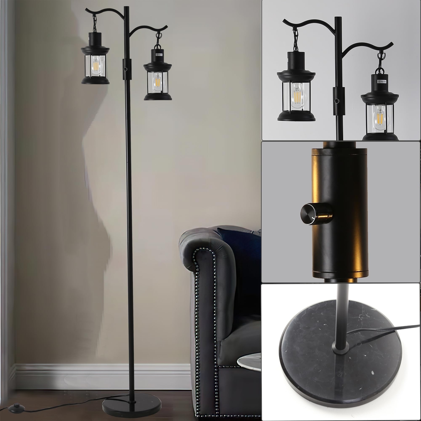 Vintage Dimmable Floor Lamp,2 Classical Lanterns Standing Lamp, Rustic Farmho...