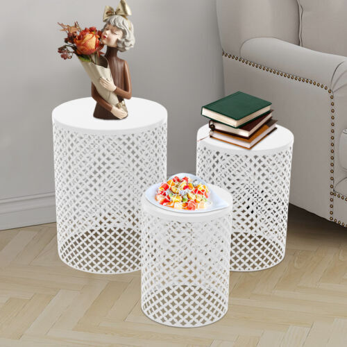 3pcs White Metal Frame Accent Table Modern Iron End Table Outdoor Side Table US