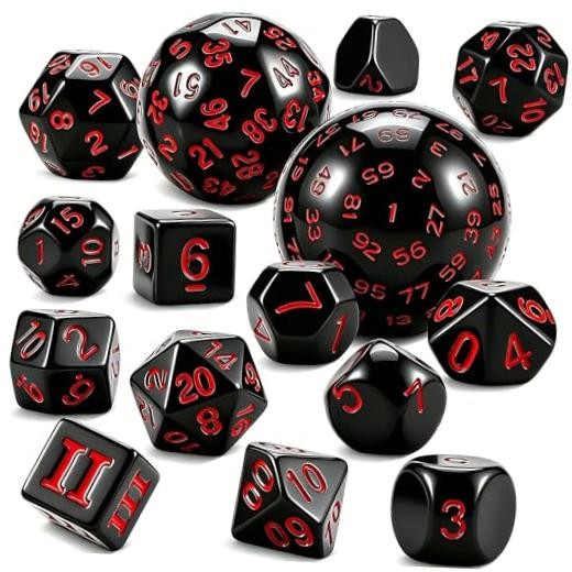 DND Polyhedral Dice Set (15pcs) D4-D100 Game Dice with Dice Bag Black & Red