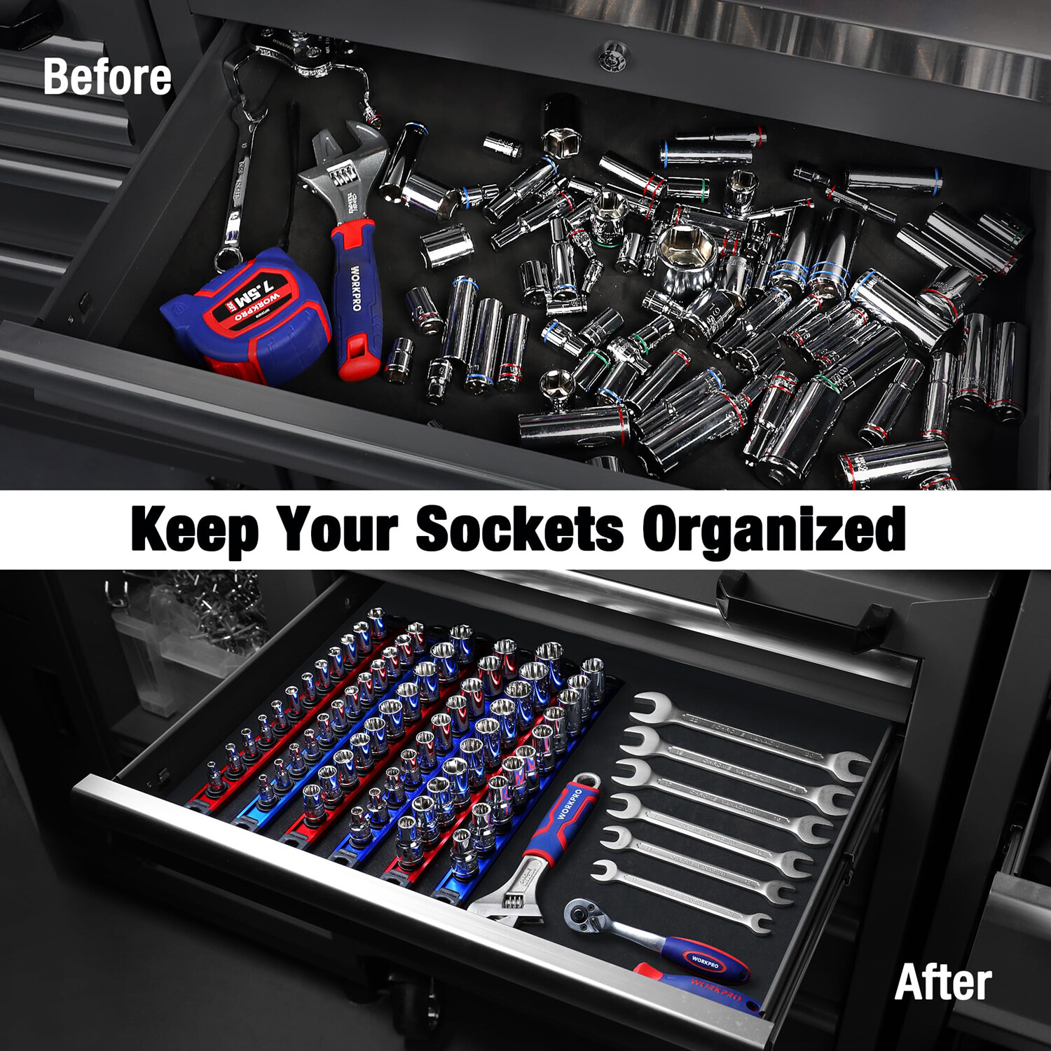 WORKPRO 3/8 Drive Magnetic Socket Organizer Socket Rail Heavy Duty Socket Holder
