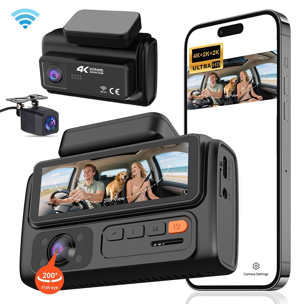 3 Channels 4K Dash Cam Front Inside Fisheye And Rear WiFi Car DVR Video Recorder