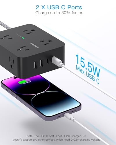Surge Protector Power Strip with 8 Outlets & 4 USB Ports, 5ft Extension Cord, Wa