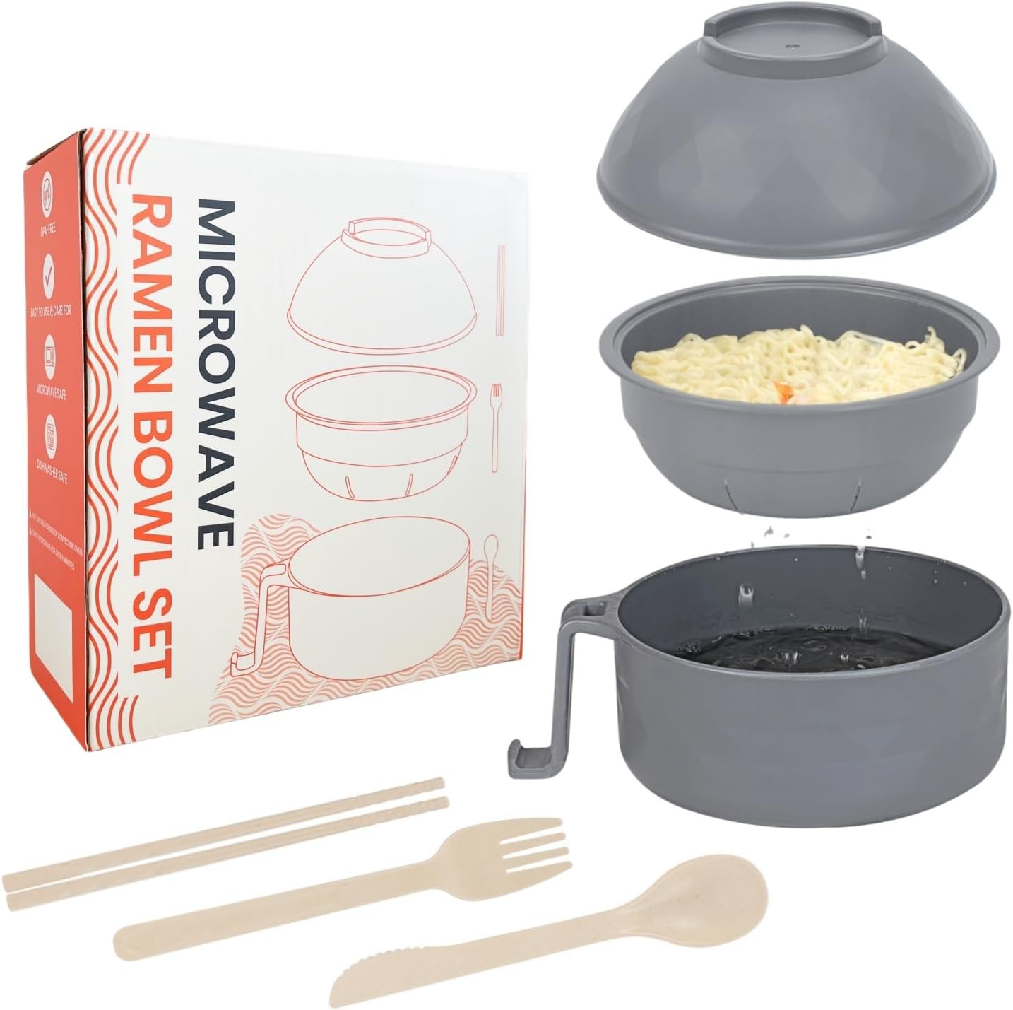 Microwave Ramen Cooker,Ramen Bowl With Chopsticks and Spoon,For normal, Gray
