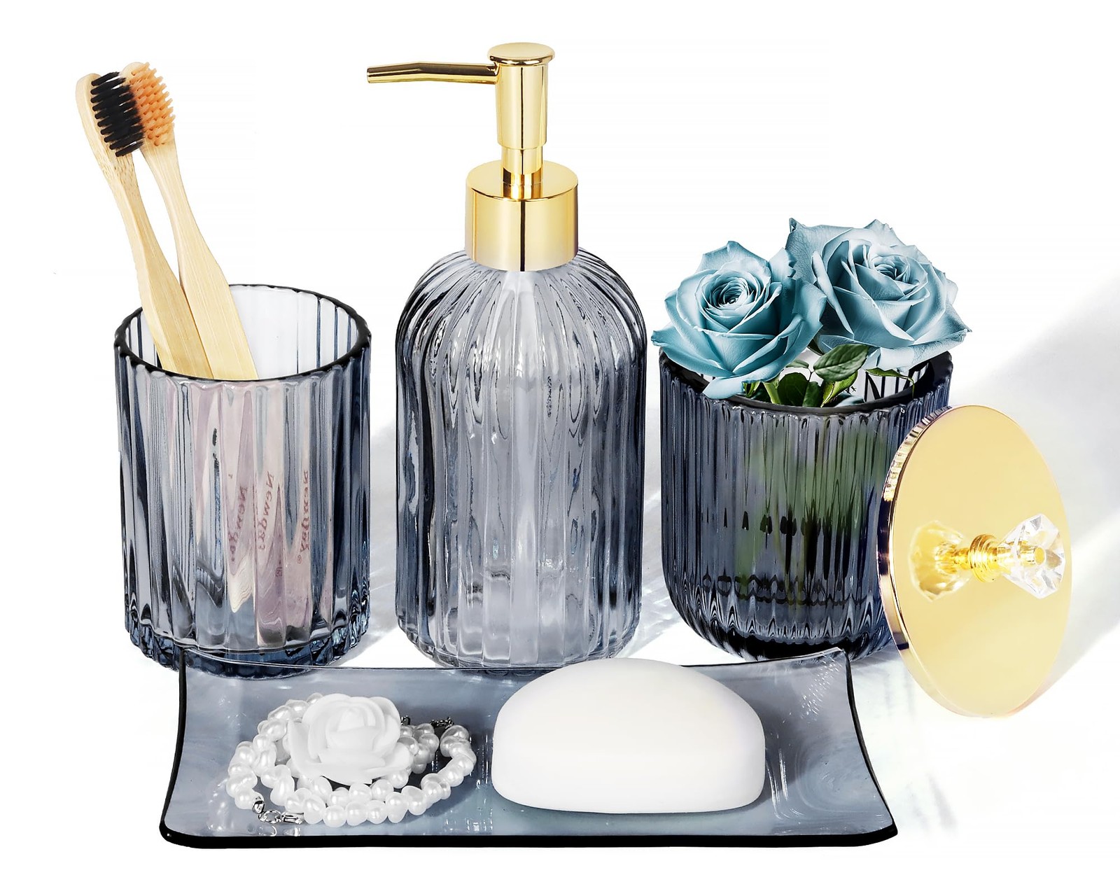 Juegos de accesorios de baño de vidrio con dispensador de jabón y loción