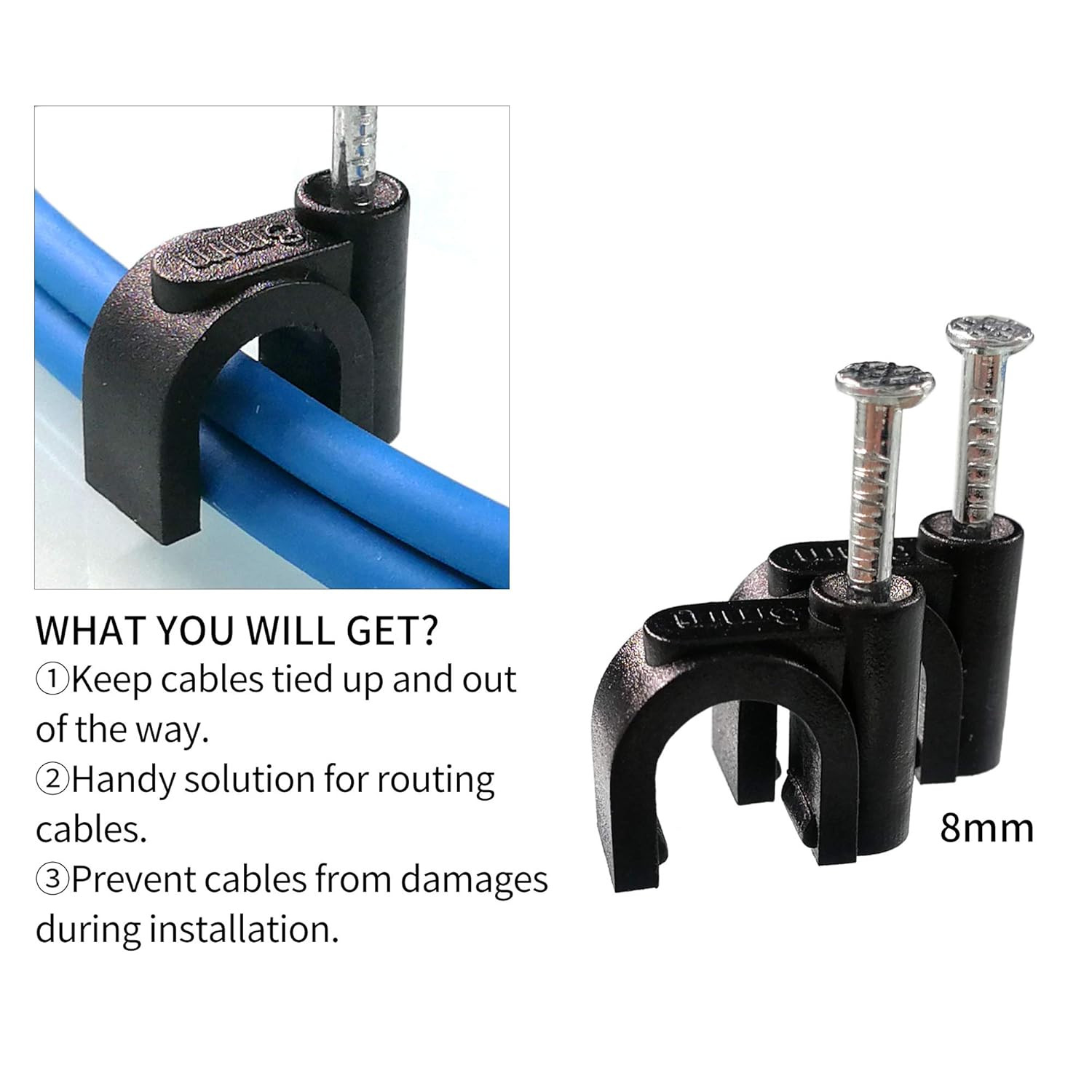 100 Pack Nail in Cable Clips Ethernet Cable Nails Tacks Clips 8Mm for Electrical