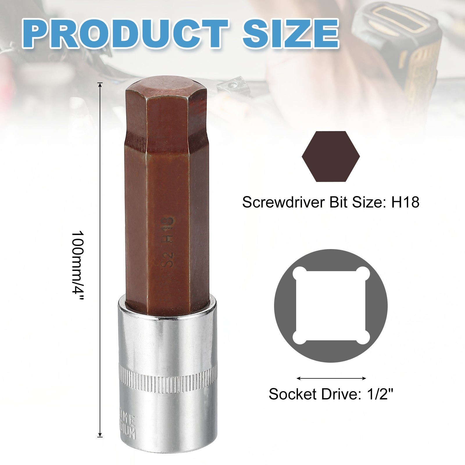 2Pcs Hex Bit Socket H18 1/2" Drive 4" Length S2 Steel Long Bit CR-V Socket